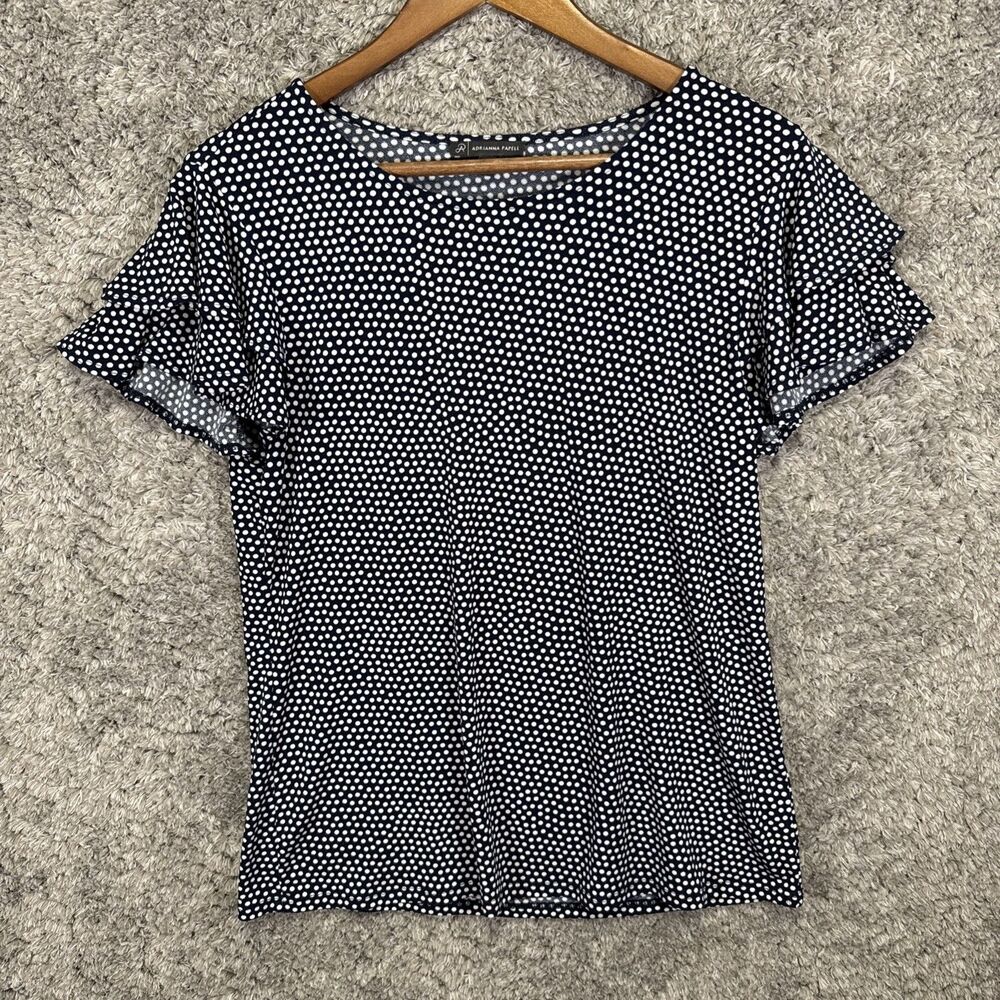 Adrianna Papell Navy Blue Polka Dot Blouse Top Medium Flutter Sleeve